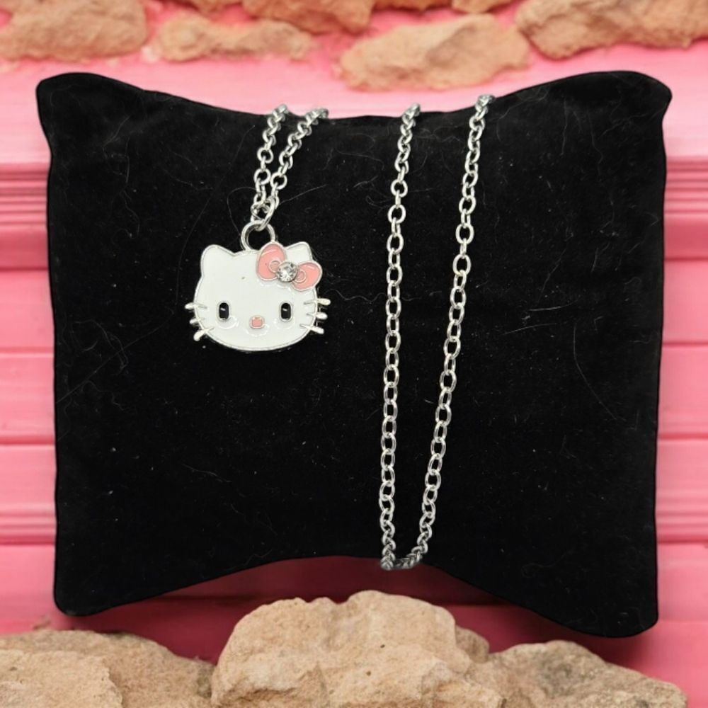 Hello Kitty White Cat Face Necklace Pink Bow Charm Pendant Silver Chain New